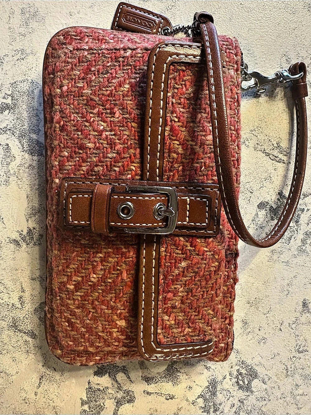 Coach Hamptons Tweed  Wristlet Red & Brown